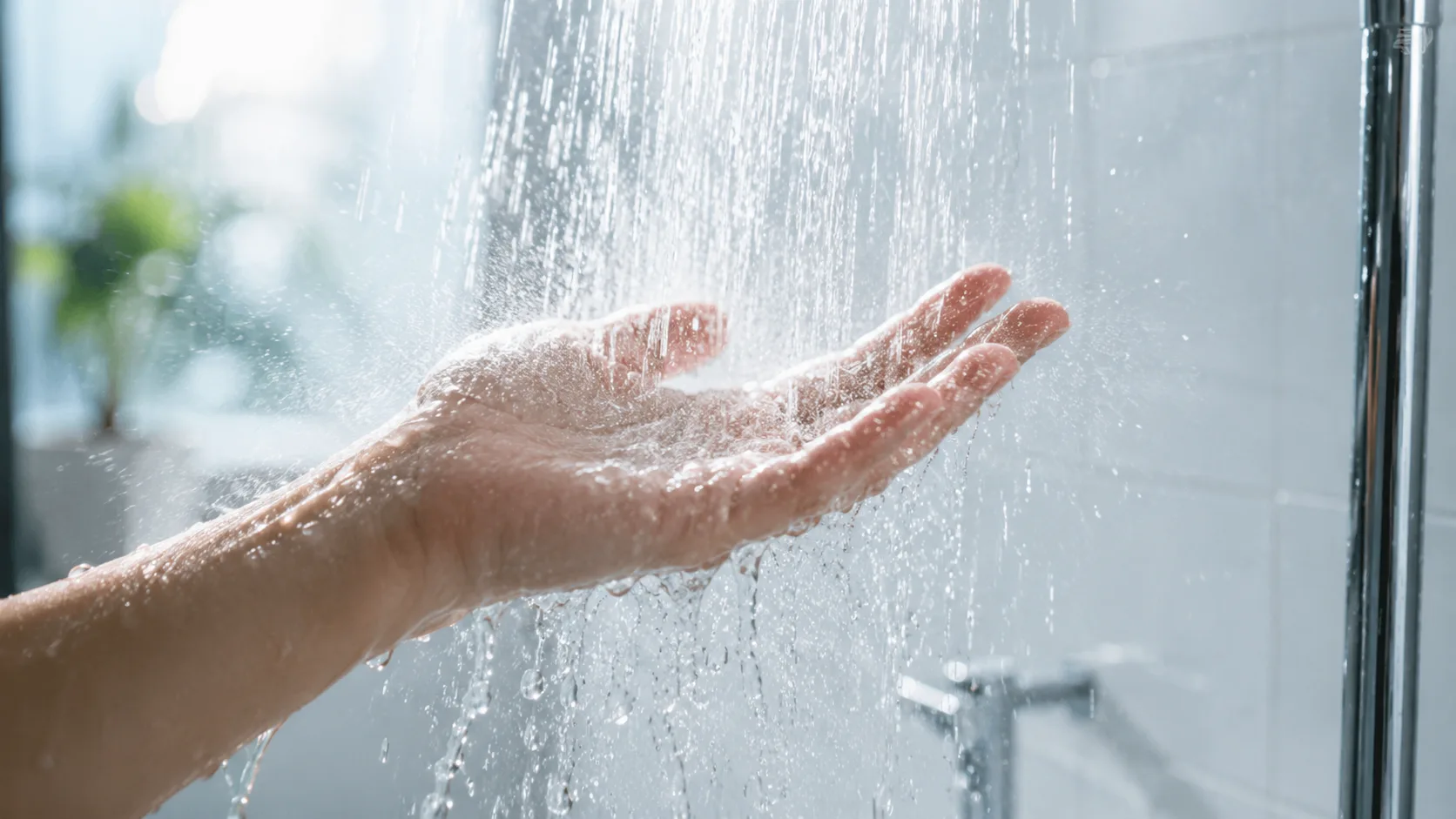 手のひらでシャワーの水勢を確かめる手元